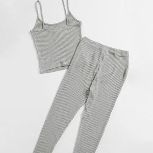Grey Shein two piece XS waffle knit cami top & knot waist leggings set pajamas